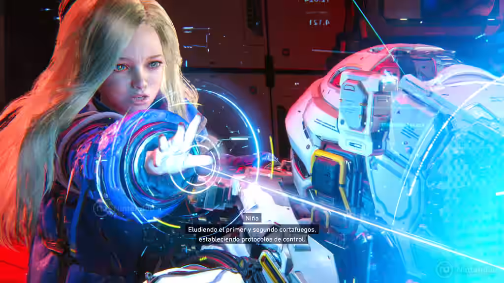 Diana de PRAGMATA extiende la mano para activar una interfaz holográfica sobre un robot en Nintendo Switch 2.