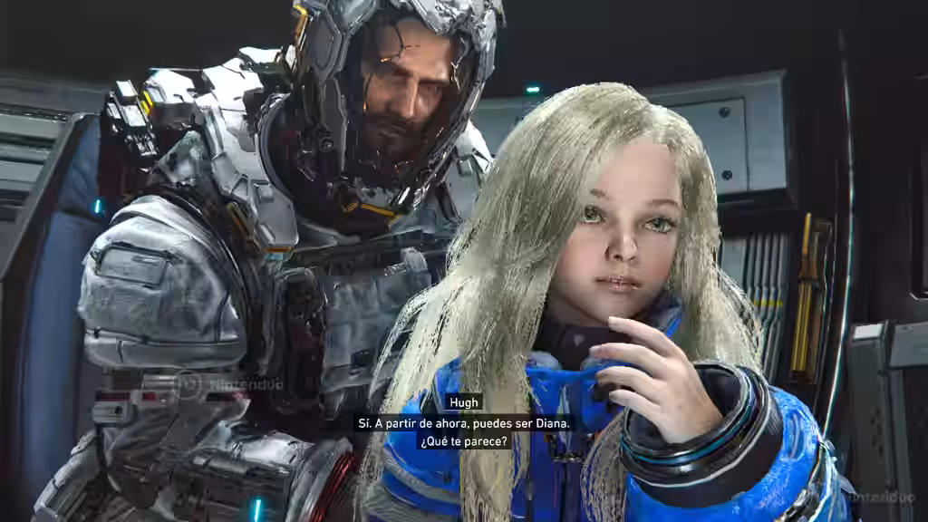 Hugh detrás de Diana en un primer plano emocional en PRAGMATA para Nintendo Switch 2.