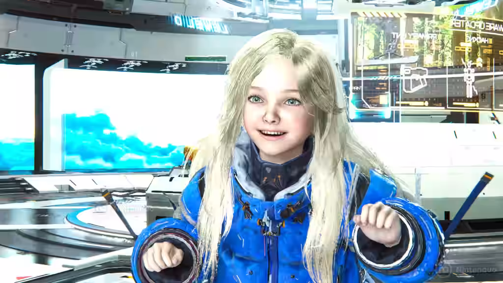 Diana sonríe y levanta los puños en una cabina futurista en PRAGMATA para Nintendo Switch 2.