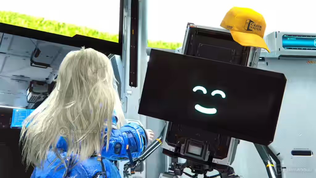 Diana observa un robot con pantalla sonriente y gorra amarilla en PRAGMATA para Nintendo Switch 2.