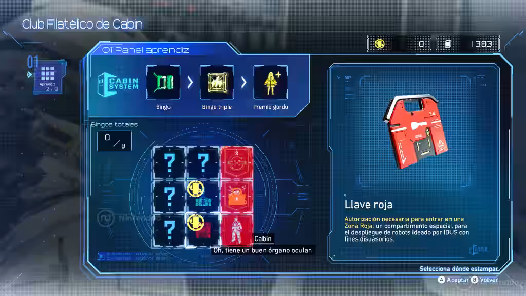 Interfaz del Cabin System mostrando inventario y la llave roja en PRAGMATA para Nintendo Switch 2.