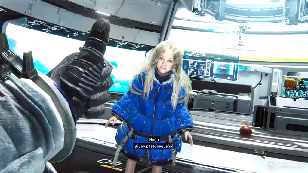 Hugh señala hacia la cámara mientras Diana viste un abrigo azul en una cabina espacial en PRAGMATA para Nintendo Switch 2.