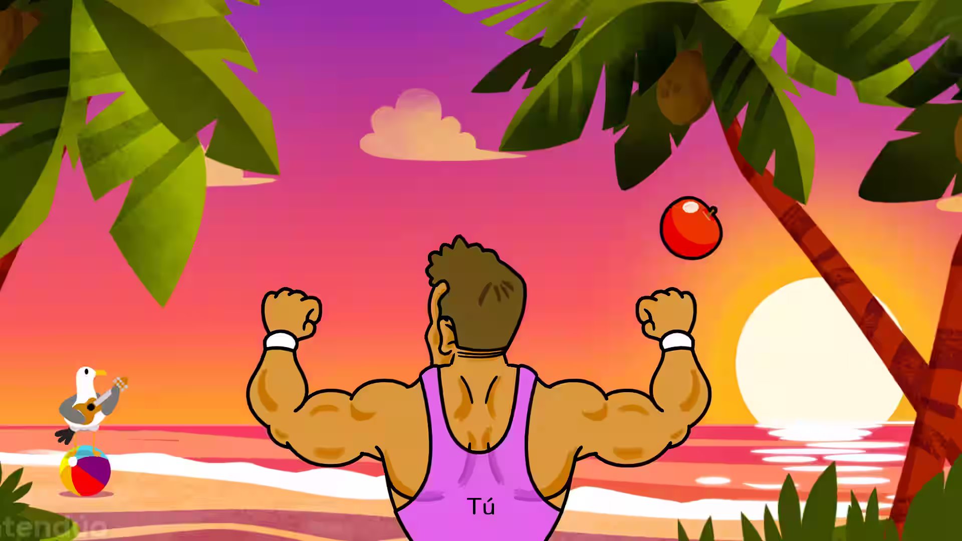 Un culturista flexiona los músculos de espaldas en una playa tropical al atardecer con globos en el aire, marcado como “Tú”, en Rhythm Paradise Groove para Nintendo Switch.