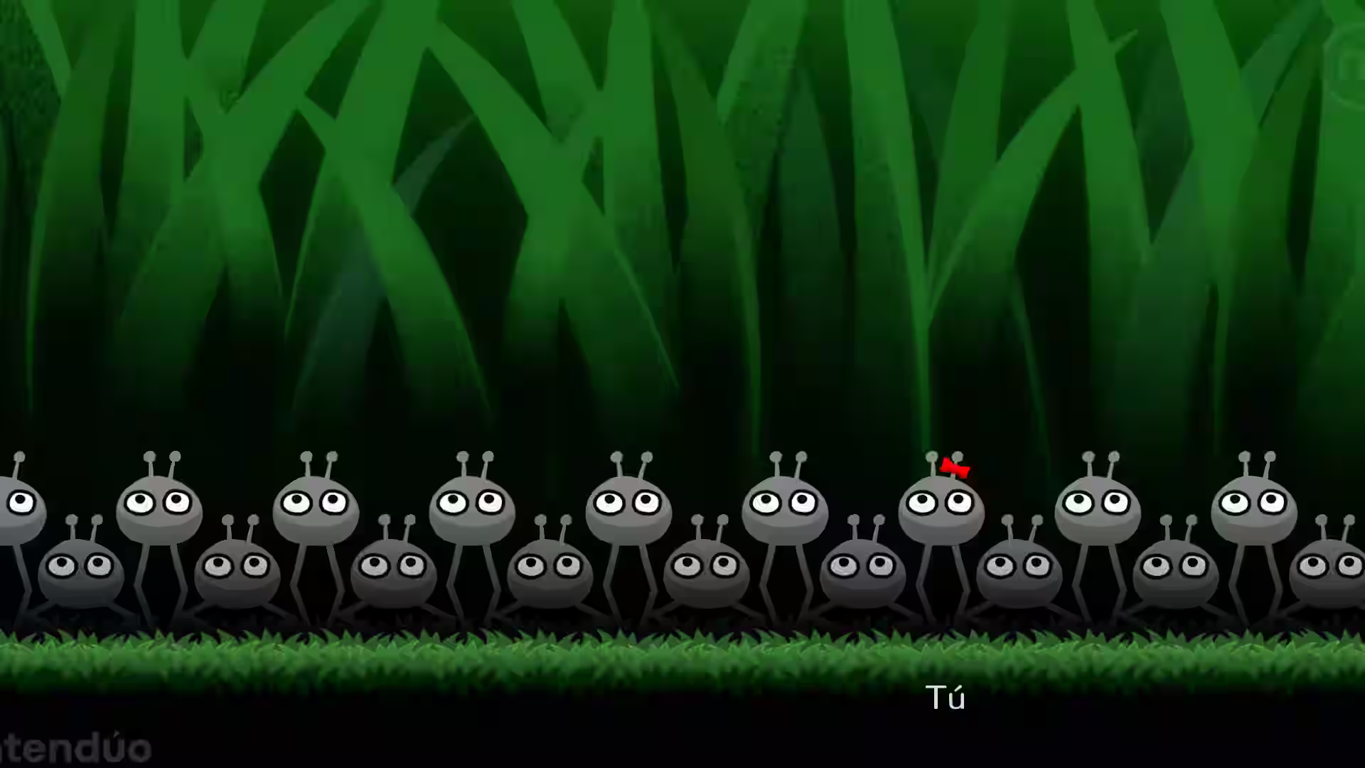 Una fila de criaturas con ojos grandes se alinea bajo hierba alta, con el jugador marcado como “Tú”, en Rhythm Paradise Groove para Nintendo Switch.