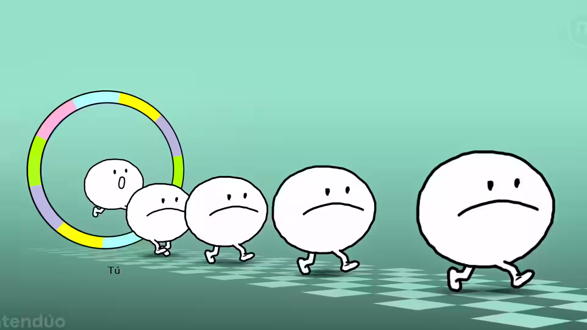 Figuras redondas con cara seria avanzan en fila sobre un suelo cuadriculado con un aro multicolor, con el jugador marcado como “Tú”, en Rhythm Paradise Groove para Nintendo Switch.