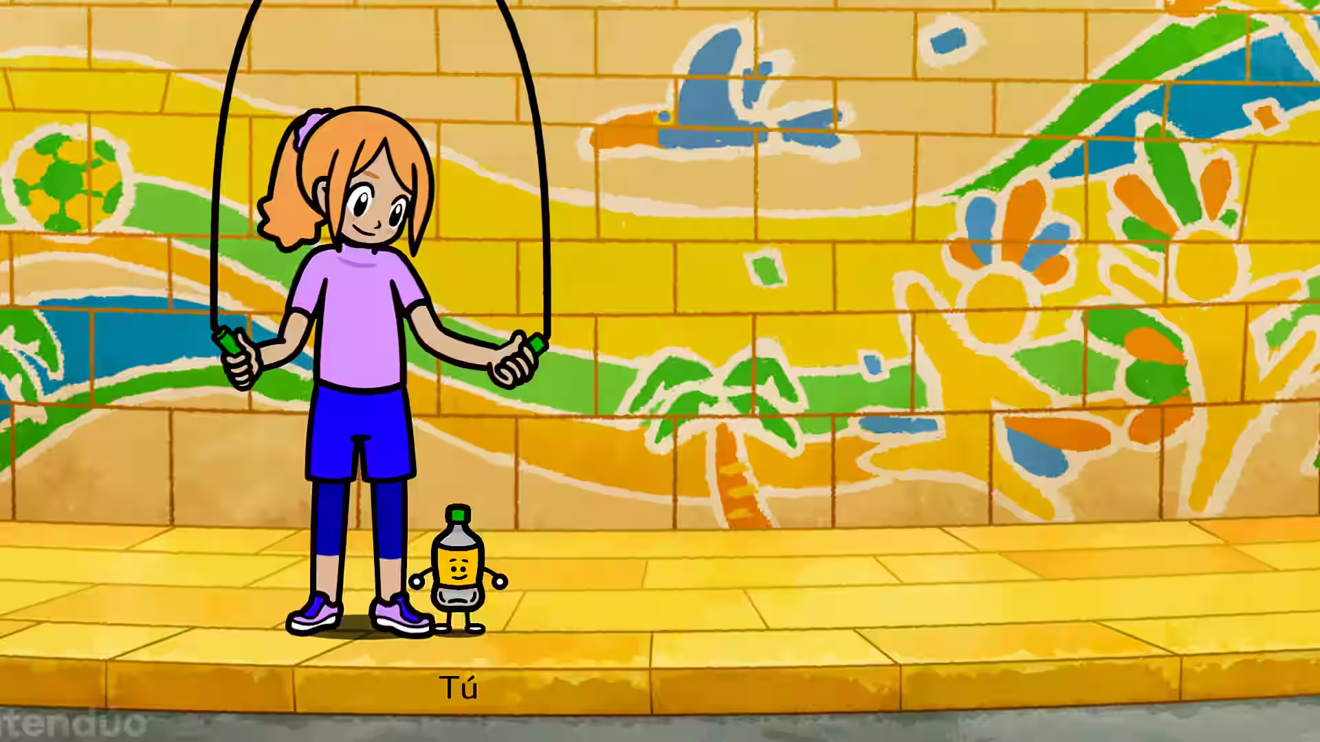 Una chica salta a la comba junto a un robot etiquetado como “Tú” en Rhythm Paradise Groove para Nintendo Switch.