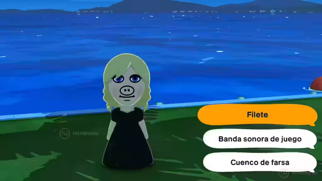 Un Mii con nariz de cerdo participa en un minijuego de respuestas junto al mar en Tomodachi Life para Nintendo Switch.