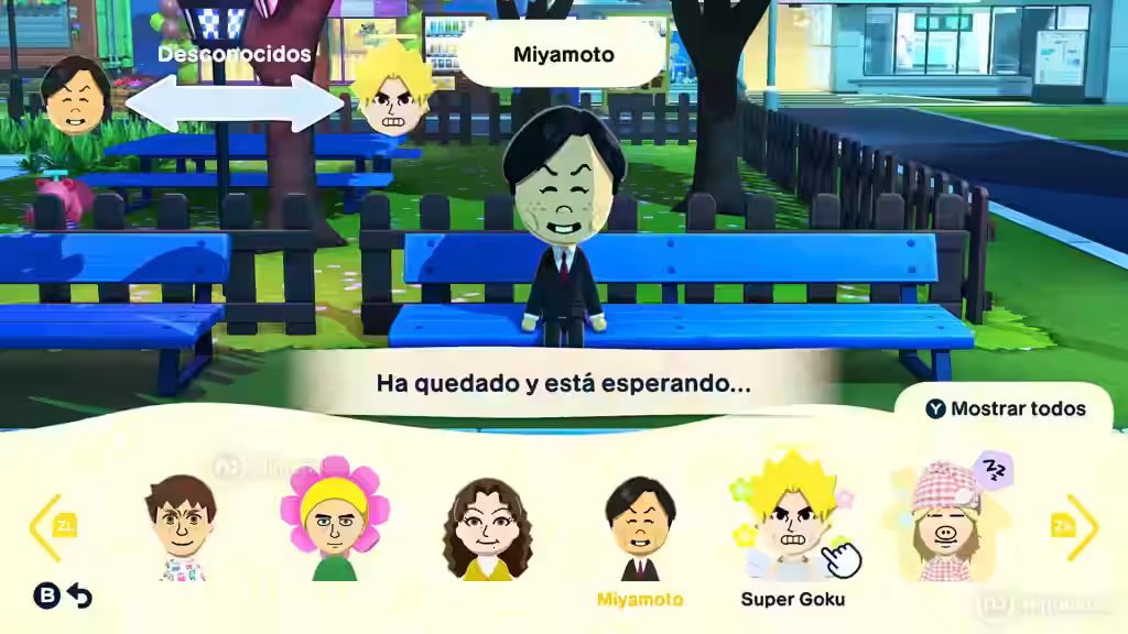 Un Mii espera sentado en el parque mientras se muestra la lista de Miis disponibles para quedar en Tomodachi Life para Nintendo Switch.