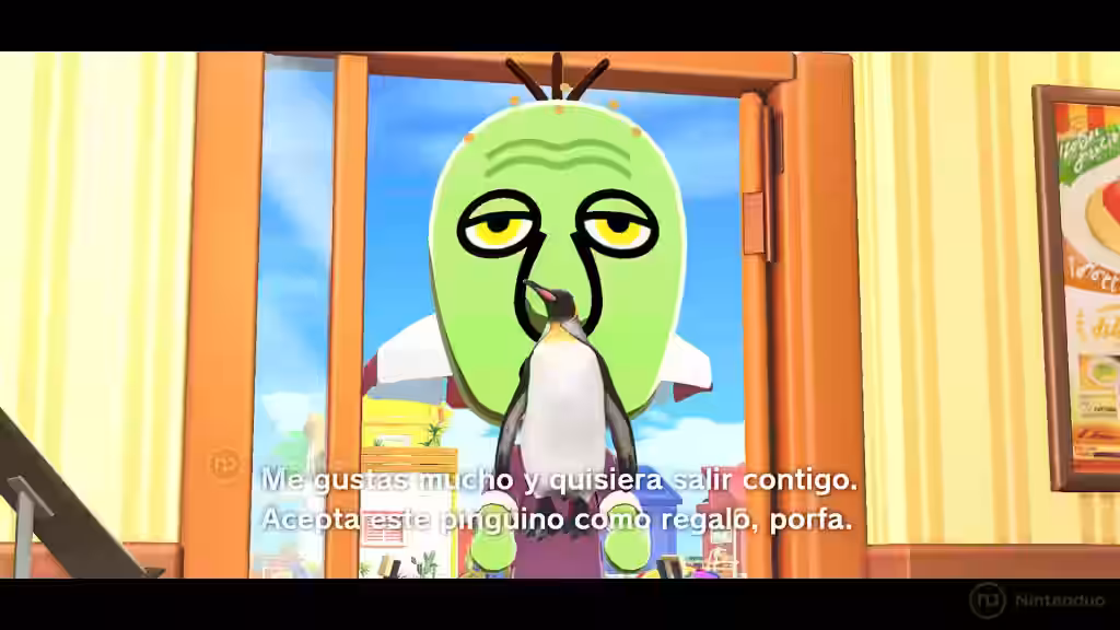 Un Mii se declara con un pingüino de peluche y subtítulos en español en Tomodachi Life para Nintendo Switch.