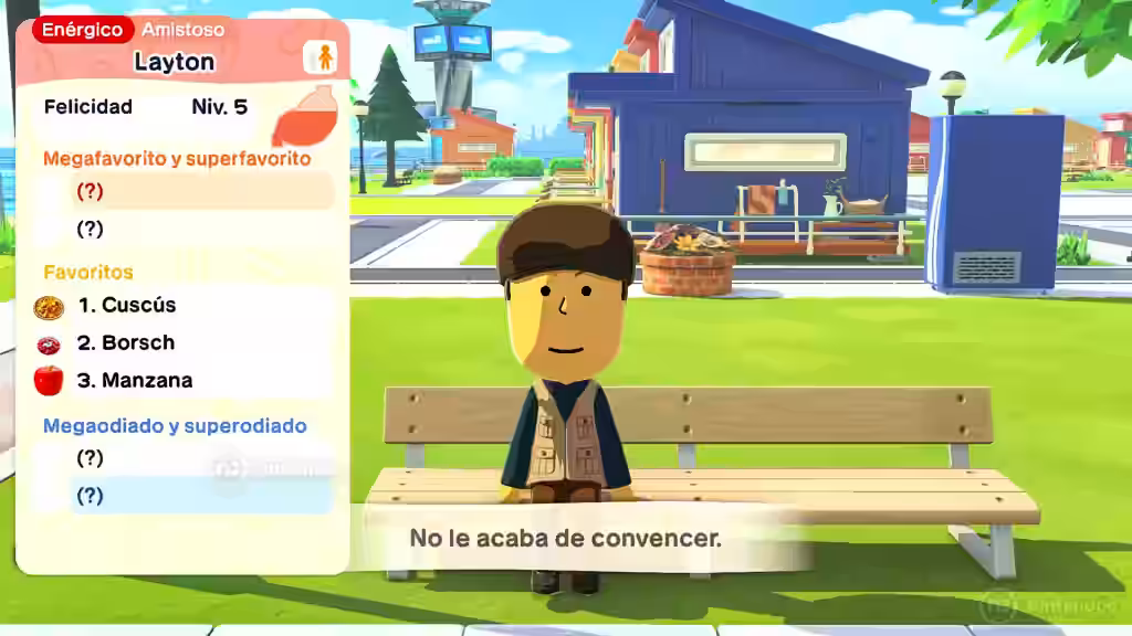 Un Mii llamado Layton muestra su perfil y favoritos en Tomodachi Life para Nintendo Switch, sentado en un banco con subtítulo en español.