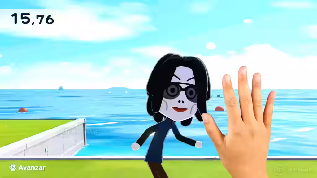 Mii con gafas saluda junto al mar en un minijuego de Tomodachi Life para Nintendo Switch.