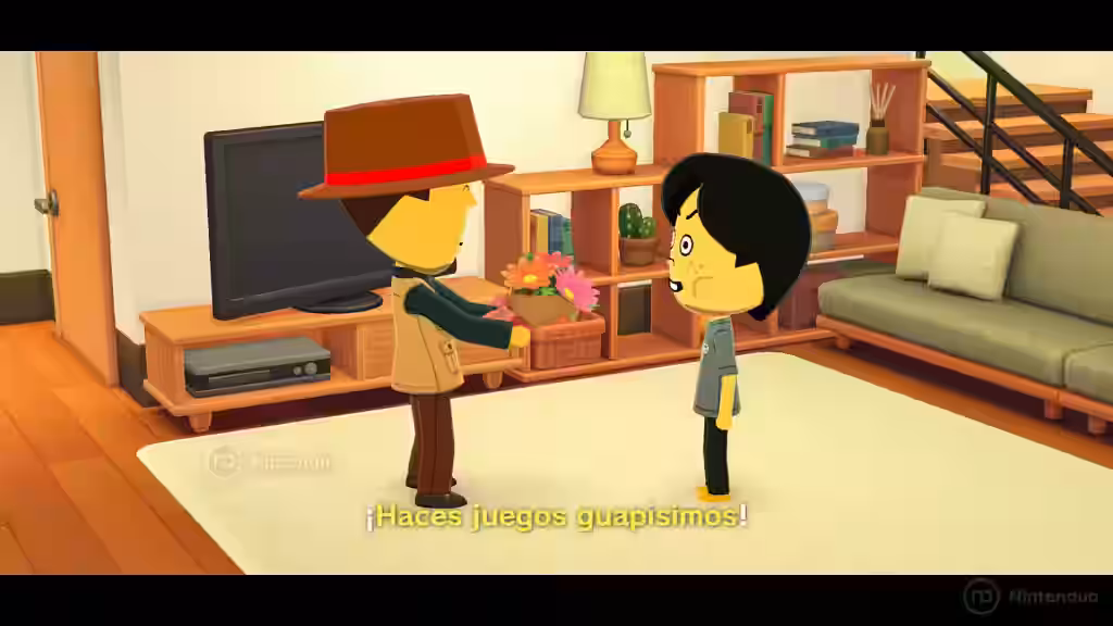Un Mii con sombrero entrega un ramo de flores a otro Mii en un salón moderno en Tomodachi Life para Nintendo Switch, con subtítulo en español.
