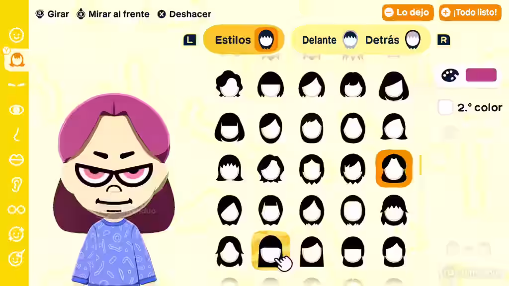 Pantalla del editor de peinados de Mii en Tomodachi Life para Nintendo Switch, con un personaje probando estilos.