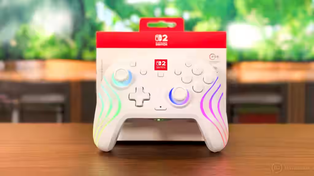 Mando blanco Turtle Beach con luces RGB para Nintendo Switch 2 en su caja