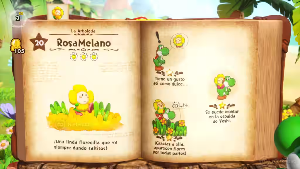 Libro abierto del bestiario con la ficha de RosaMelano, una flor montable por Yoshi, en Yoshi and the Mysterious Book.