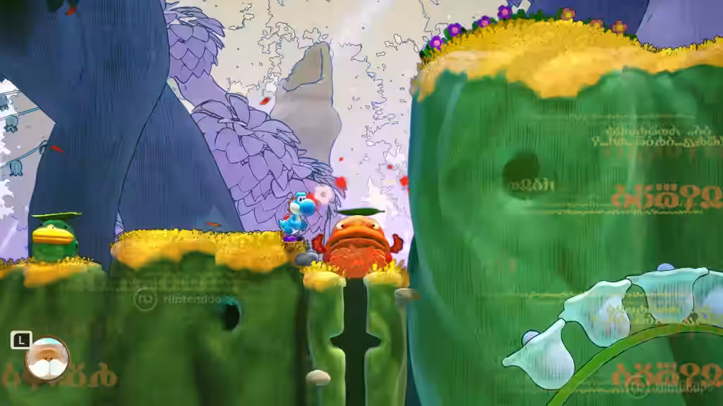 Yoshi salta sobre un enemigo naranja con sombrero de hoja en un bosque en Yoshi and the Mysterious Book.