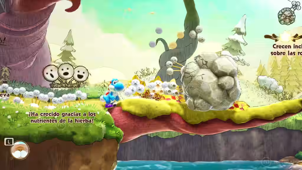 Yoshi empuja una roca gigante entre flores en Yoshi and the Mysterious Book.