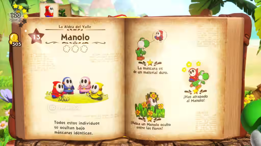 Libro abierto con la ficha de Manolo, un Shy Guy, con ilustraciones y pistas en Yoshi and the Mysterious Book.