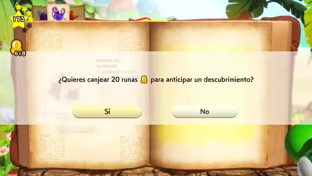 Libro mágico con aviso para canjear 20 runas y anticipar un descubrimiento en Yoshi and the Mysterious Book.