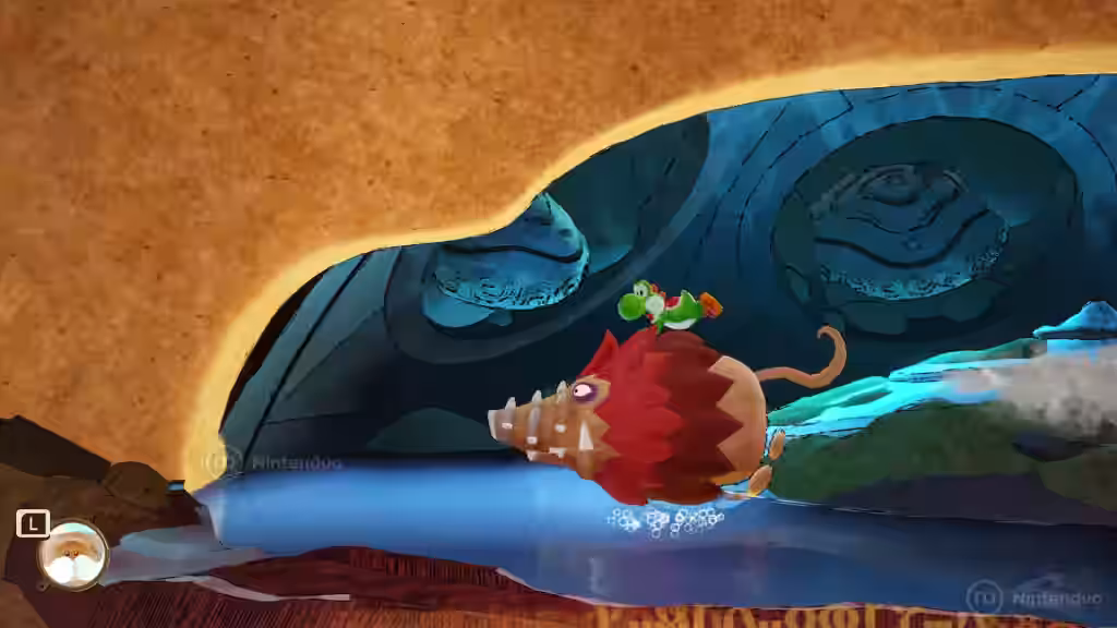 Yoshi cabalga sobre un enemigo con pinchos sobre el agua en Yoshi and the Mysterious Book.